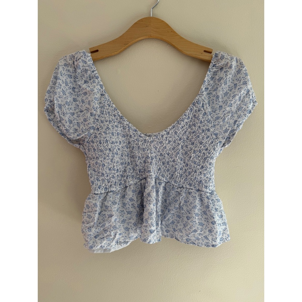 Hollister Blue White Floral Smocked Peplum Puff Sleeve Top Large